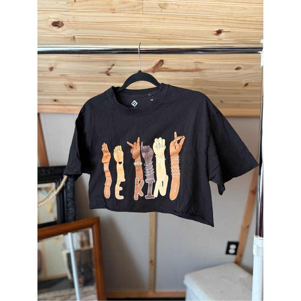 Women’s Girl’s Be Kind Graphic Crop Tee - Black Equal Rights Love Size M